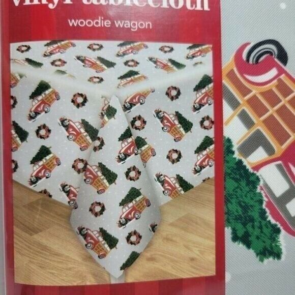 Christmas Vinyl Tablecloth 60" x 84" Oval Oblong Woodie Wagon Car Holiday Dining - Picture 4 of 8